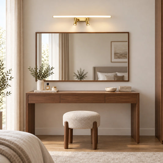 Gold 9071 dual-spot linear light above a dressing mirror — illustrative scene with wider room context; pictured size not certified