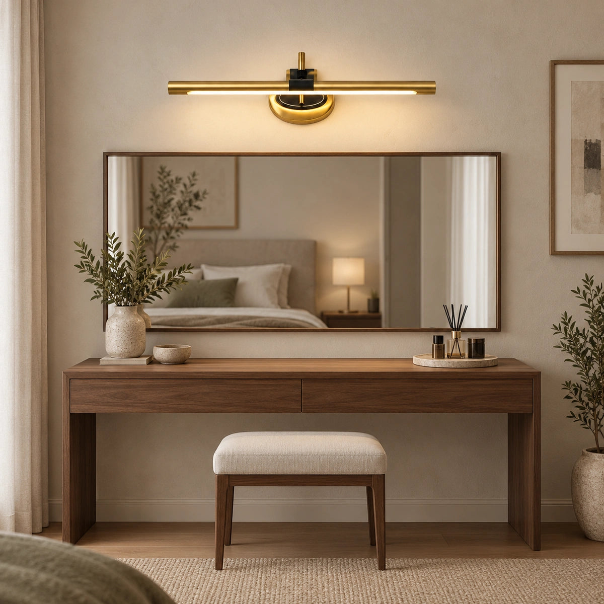 Gold 9624 curved-mount linear light above a dressing mirror — illustrative room scene, not a measured installation