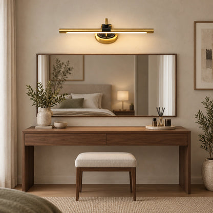 Gold 9624 curved-mount linear light above a dressing mirror — illustrative room scene, not a measured installation
