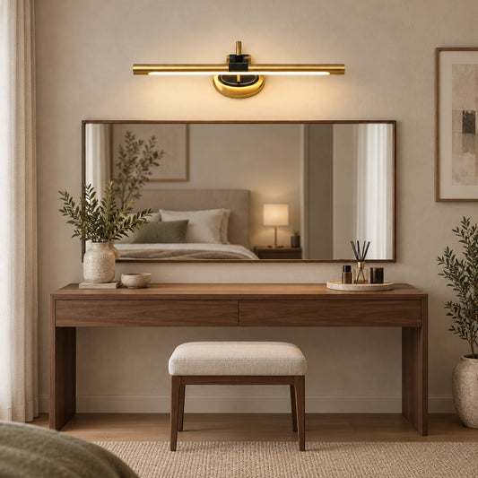 Gold 9624 curved-mount linear light above a dressing mirror — illustrative room scene, not a measured installation