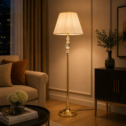 Crystal Ellipse Floor Lamp – Faceted Crystal Body with Antique Gold Brass Pole & Organza Pleated Shade