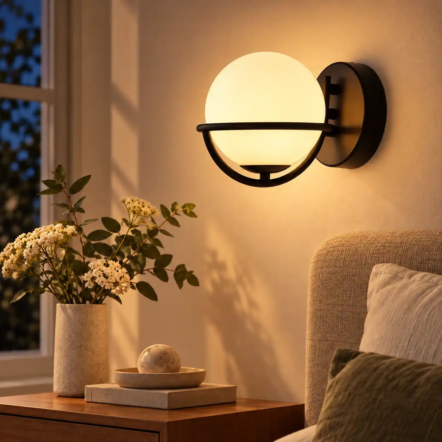 Evening 2700K warm ambient glow view of fixture illuminated