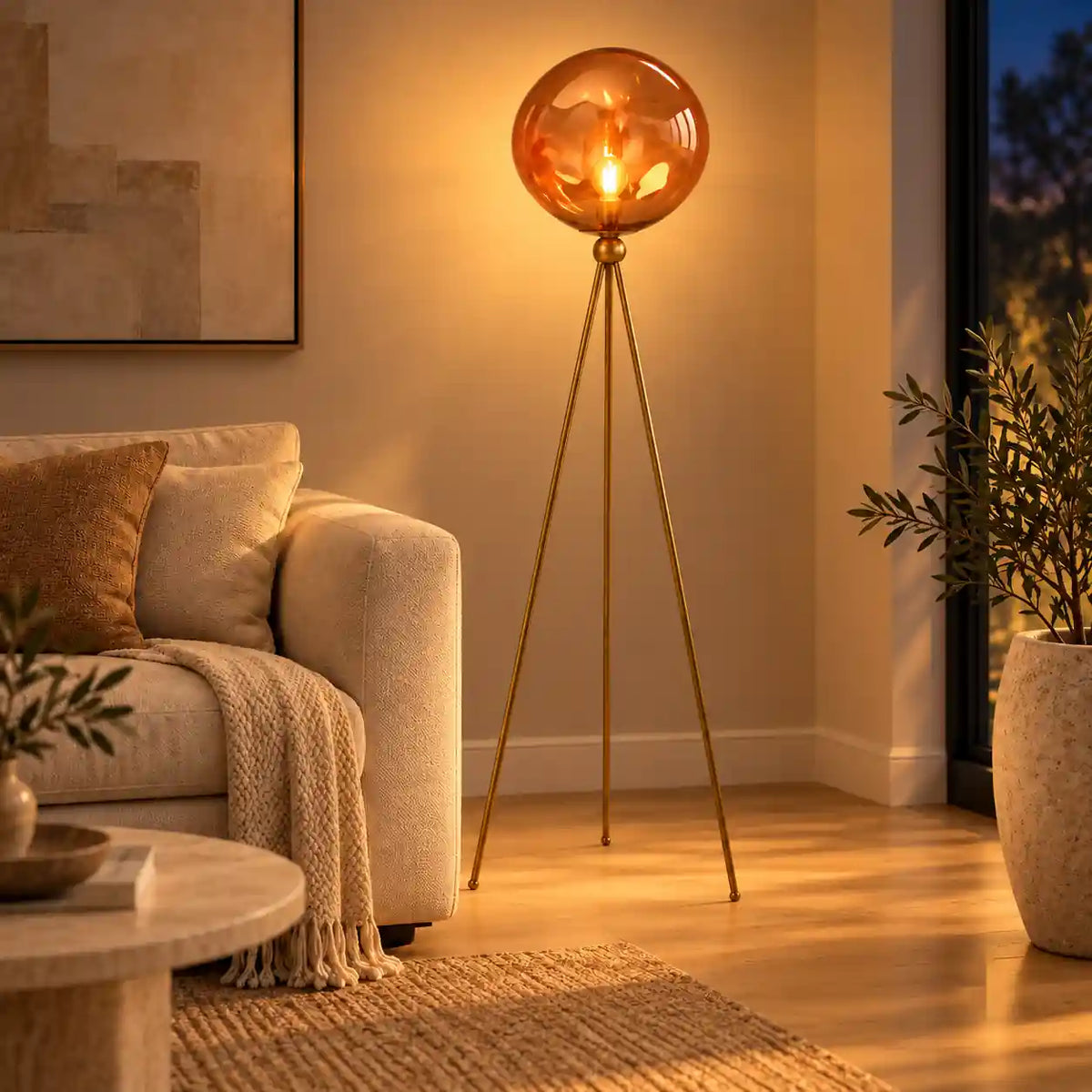Illustration of amber globe tripod floor lamp; physical scale and light output unverified