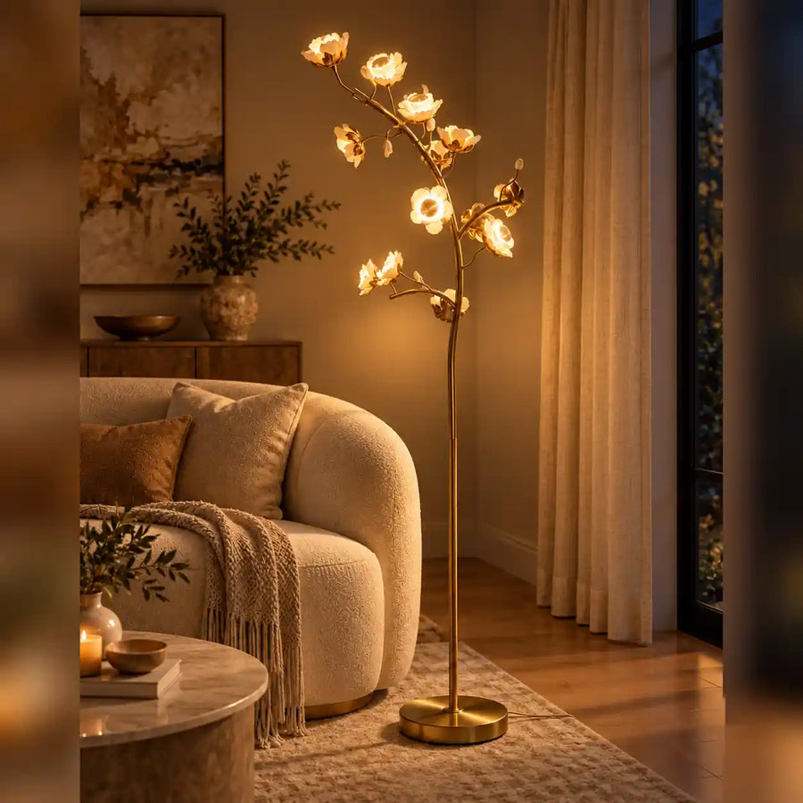 Evening 2700K warm ambient glow view of fixture illuminated