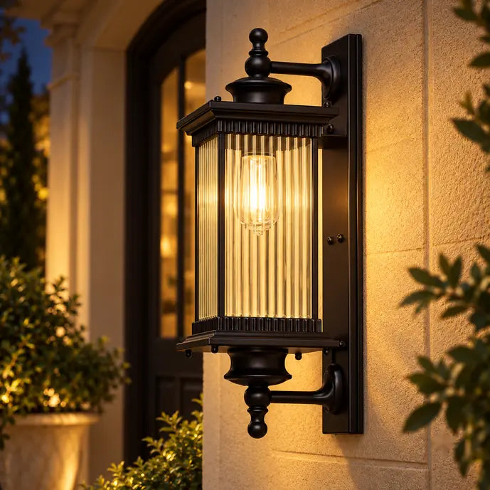 Evening 2700K warm ambient glow view of fixture illuminated