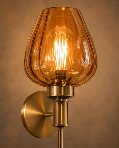 Aurora Tulip Wall Sconce — Antique Brass & Amber Fluted Glass (Pack of 2)