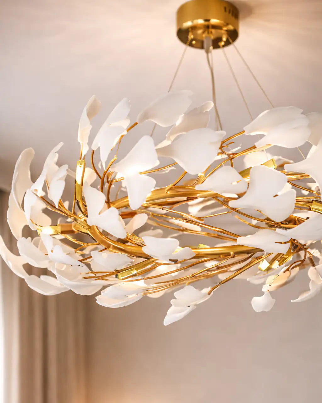Gingko Leaf Ceramic Chandelier- White & Gold
