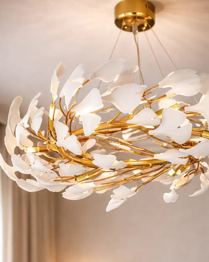 Gingko Leaf Ceramic Chandelier- White & Gold