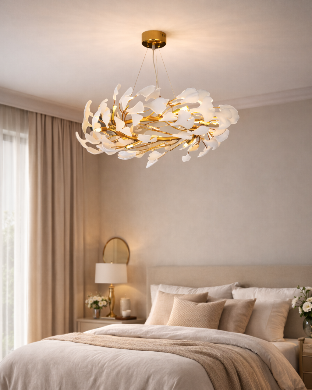 Gingko Leaf Chandelier- White & Gold