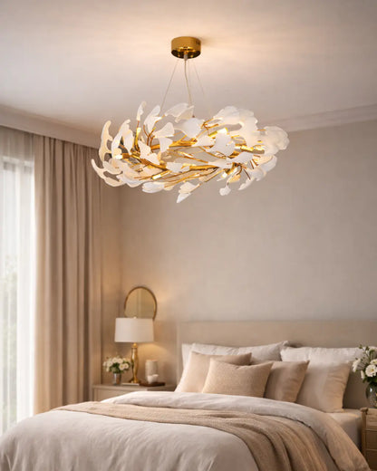 Gingko Leaf Ceramic Chandelier- White & Gold