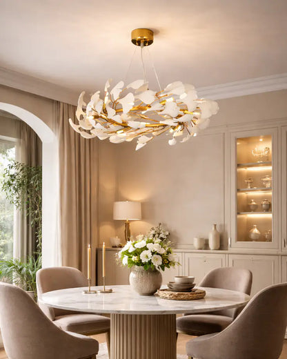 Gingko Leaf Ceramic Chandelier- White & Gold