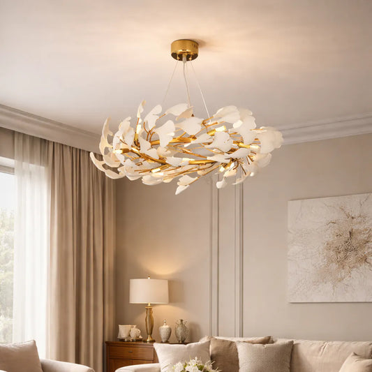 Gingko Leaf Ceramic Chandelier- White & Gold