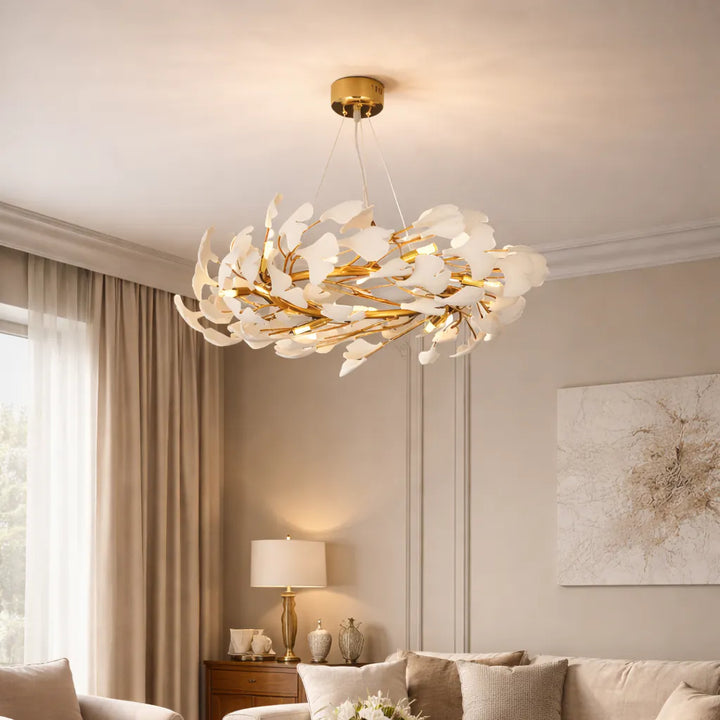 Gingko Leaf Ceramic Chandelier- White & Gold