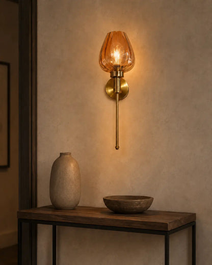 Aurora Tulip Wall Sconce — Antique Brass & Amber Fluted Glass (Pack of 2)