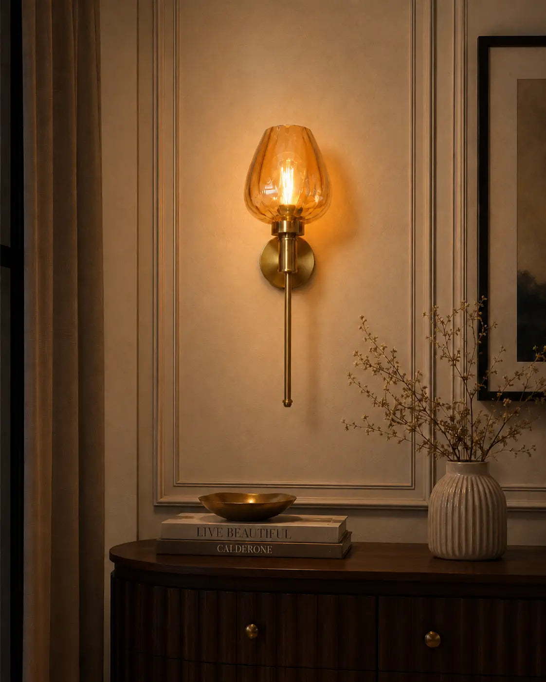 Aurora Tulip Wall Sconce — Antique Brass & Amber Fluted Glass (Pack of 2)