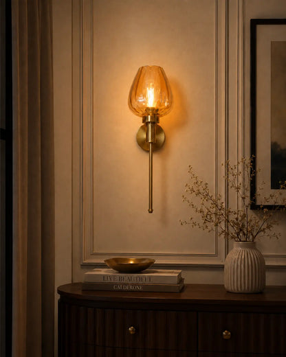 Aurora Tulip Wall Sconce — Antique Brass & Amber Fluted Glass (Pack of 2)