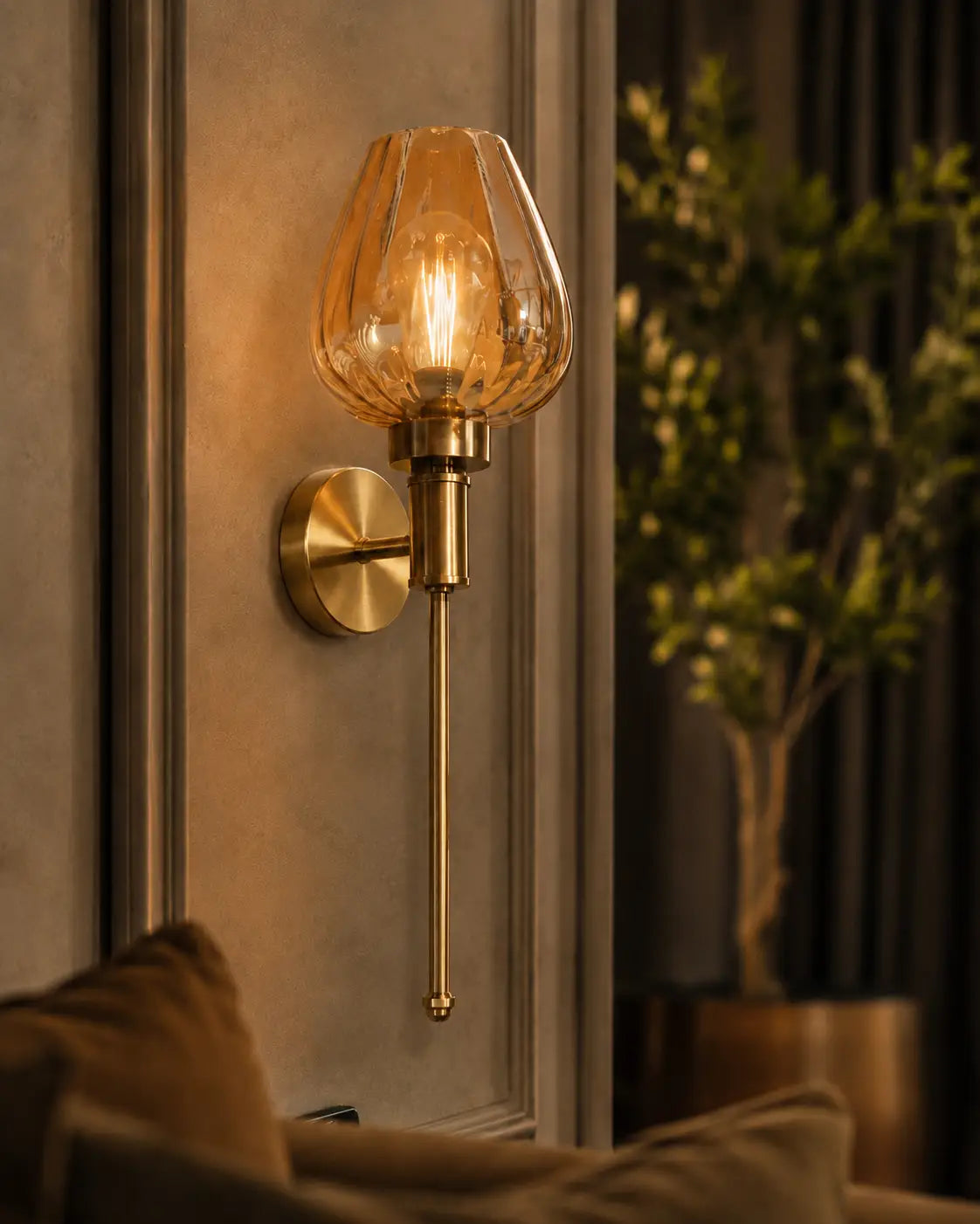 Aurora Tulip Wall Sconce — Antique Brass & Amber Fluted Glass (Pack of 2)