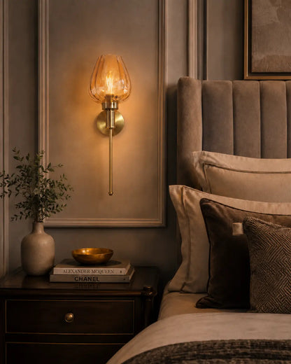 Aurora Tulip Wall Sconce — Antique Brass & Amber Fluted Glass (Pack of 2)