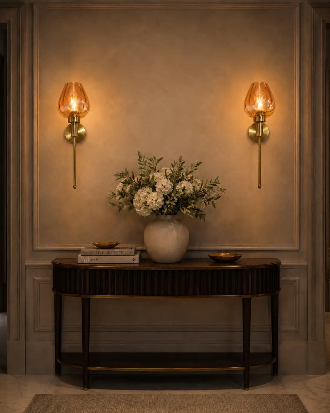 Aurora Tulip Wall Sconce — Antique Brass & Amber Fluted Glass (Pack of 2)