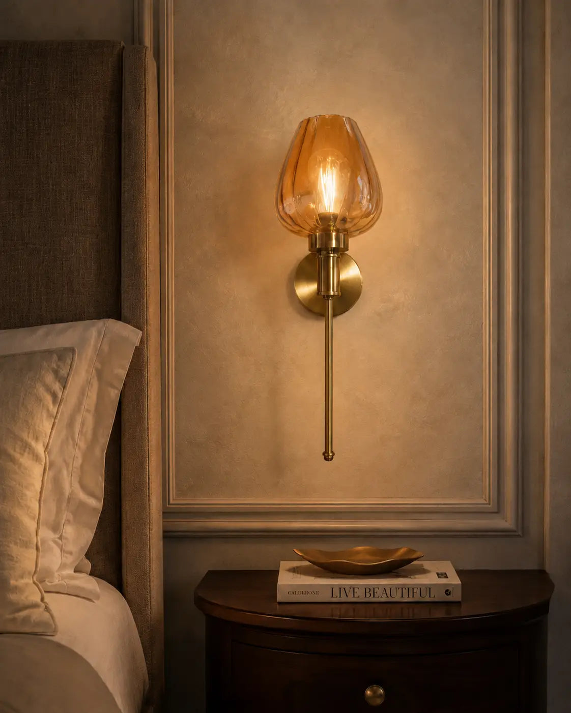 Aurora Tulip Wall Sconce — Antique Brass & Amber Fluted Glass (Pack of 2)
