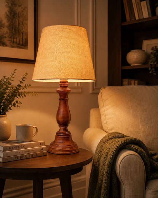 Handcrafted Wooden Table Lamp with Natural Jute Shade – Vintage Candlestick Base for Bedside, Living Room & Home Décor