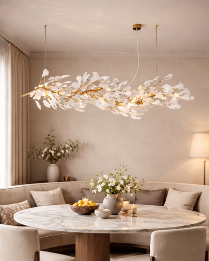 Aurora Bloom Linear Leaf Chandelier – Gold & White (1800mm)