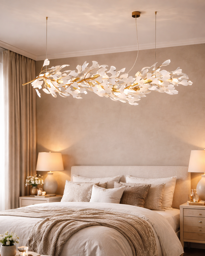 Aurora Bloom Linear Leaf Chandelier – Gold & White (1800mm)