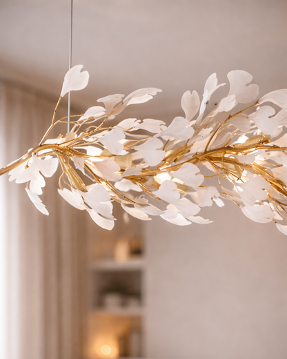 Aurora Bloom Linear Leaf Chandelier – Gold & White (1800mm)