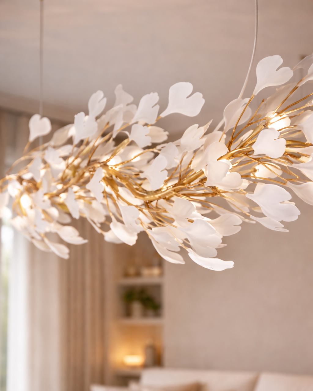 Aurora Bloom Linear Leaf Chandelier – Gold & White (1800mm)