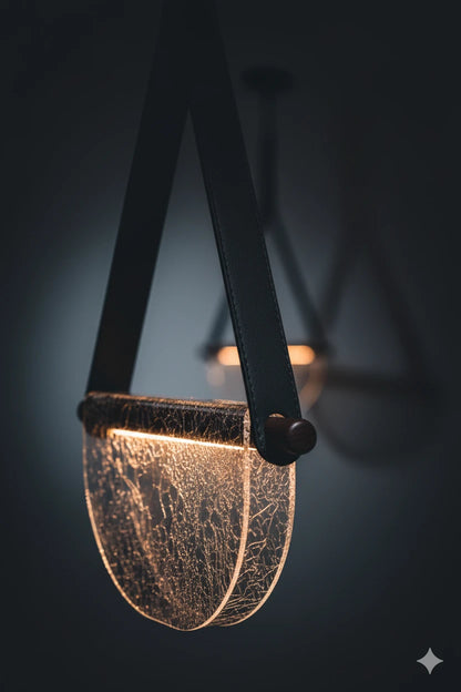 B&B Modern Leather Strap Pendant Light | Golden Half-Moon Glass Hanging Lamp