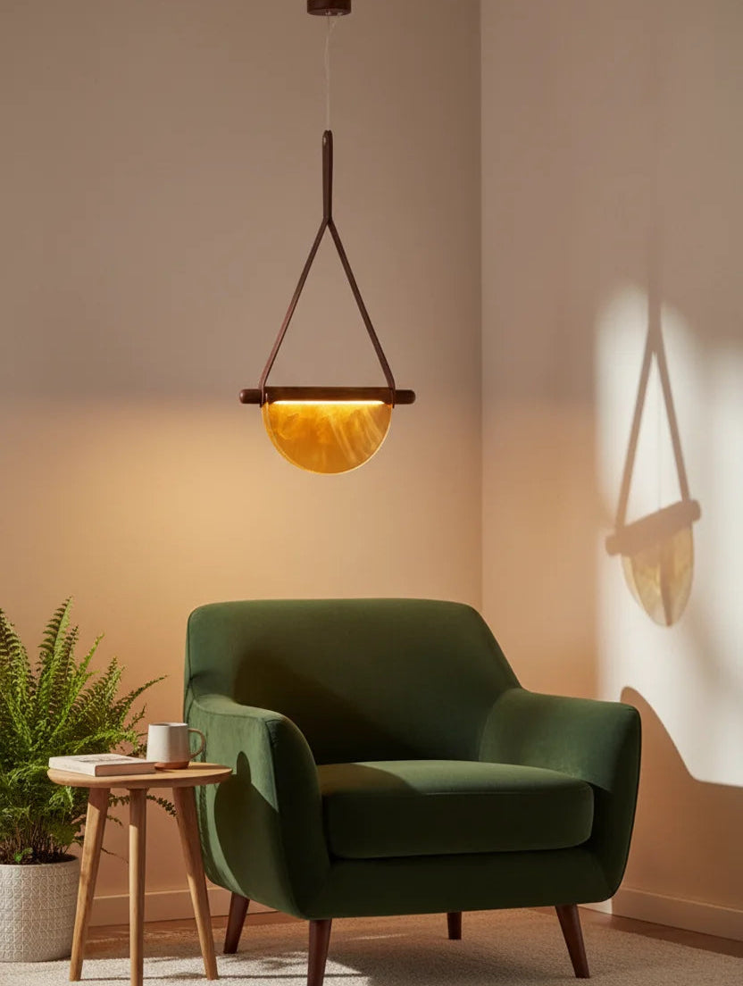 B&B Modern Leather Strap Pendant Light | Golden Half-Moon Glass Hanging Lamp