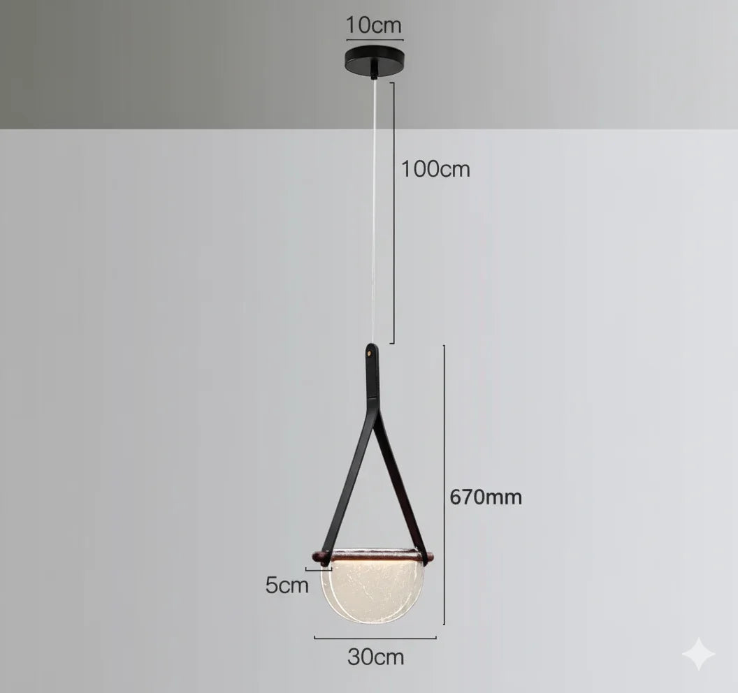B&B Modern Leather Strap Pendant Light | Golden Half-Moon Glass Hanging Lamp