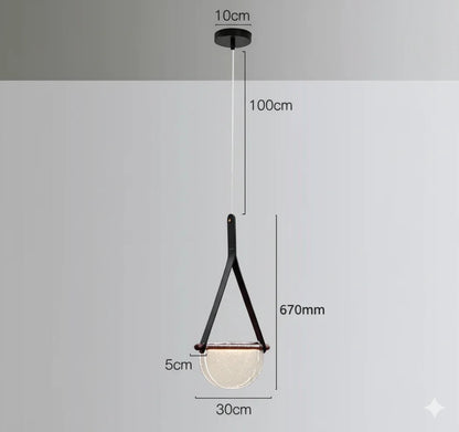 B&B Modern Leather Strap Pendant Light | Golden Half-Moon Glass Hanging Lamp
