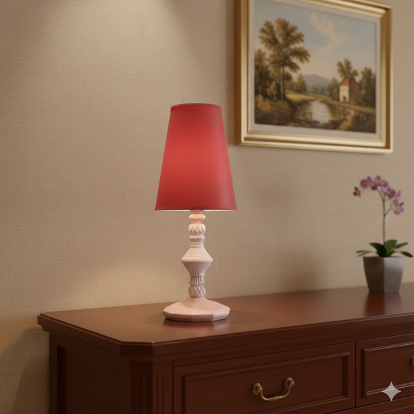 Blush Pink Bedside Table Lamp with Red Fabric Shade