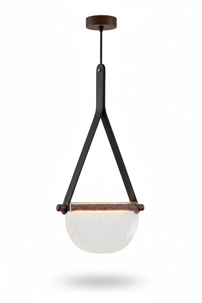 B&B Modern Leather Strap Pendant Light | Golden Half-Moon Glass Hanging Lamp