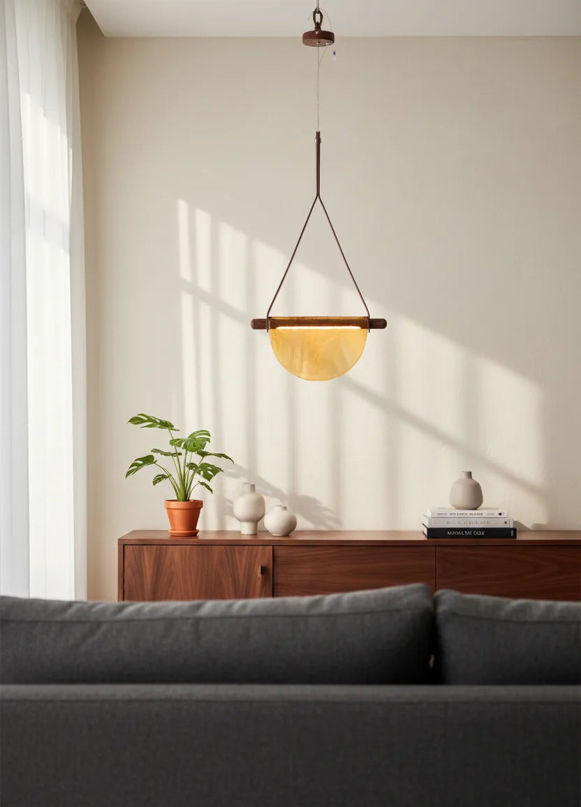 B&B Modern Leather Strap Pendant Light | Golden Half-Moon Glass Hanging Lamp
