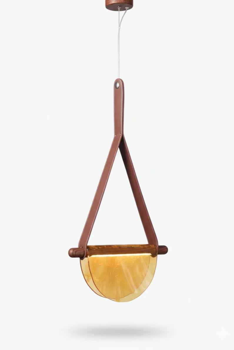 B&B Modern Leather Strap Pendant Light | Golden Half-Moon Glass Hanging Lamp