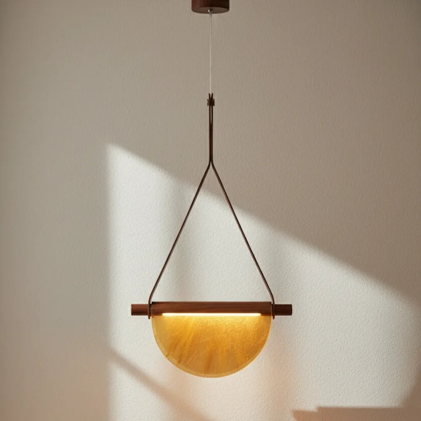 B&B Modern Leather Strap Pendant Light | Golden Half-Moon Glass Hanging Lamp