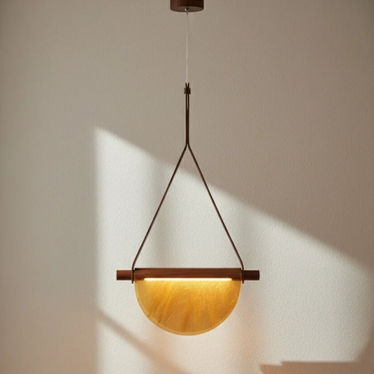 B&B Modern Leather Strap Pendant Light | Golden Half-Moon Glass Hanging Lamp