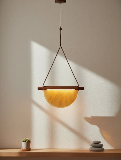 B&B Modern Leather Strap Pendant Light | Golden Half-Moon Glass Hanging Lamp