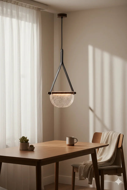 B&B Modern Leather Strap Pendant Light | Golden Half-Moon Glass Hanging Lamp