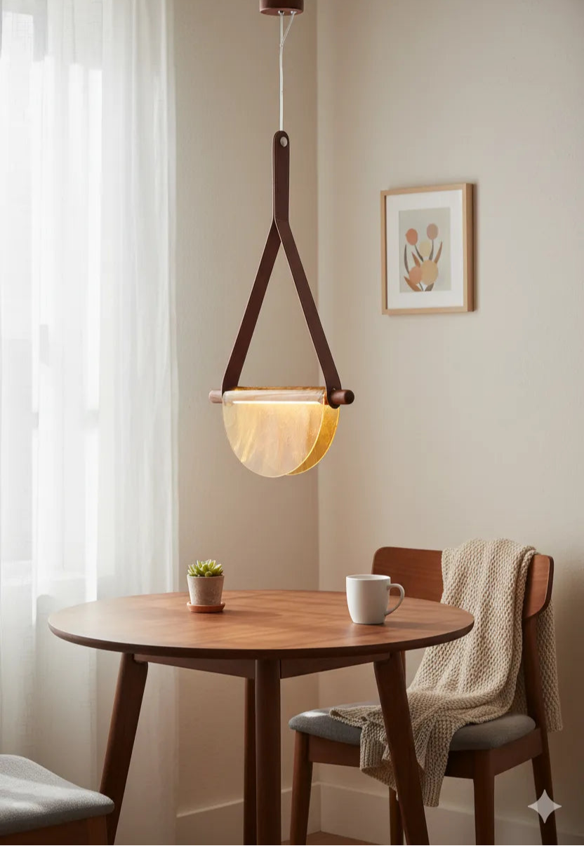 B&B Modern Leather Strap Pendant Light | Golden Half-Moon Glass Hanging Lamp