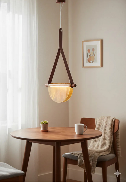 B&B Modern Leather Strap Pendant Light | Golden Half-Moon Glass Hanging Lamp