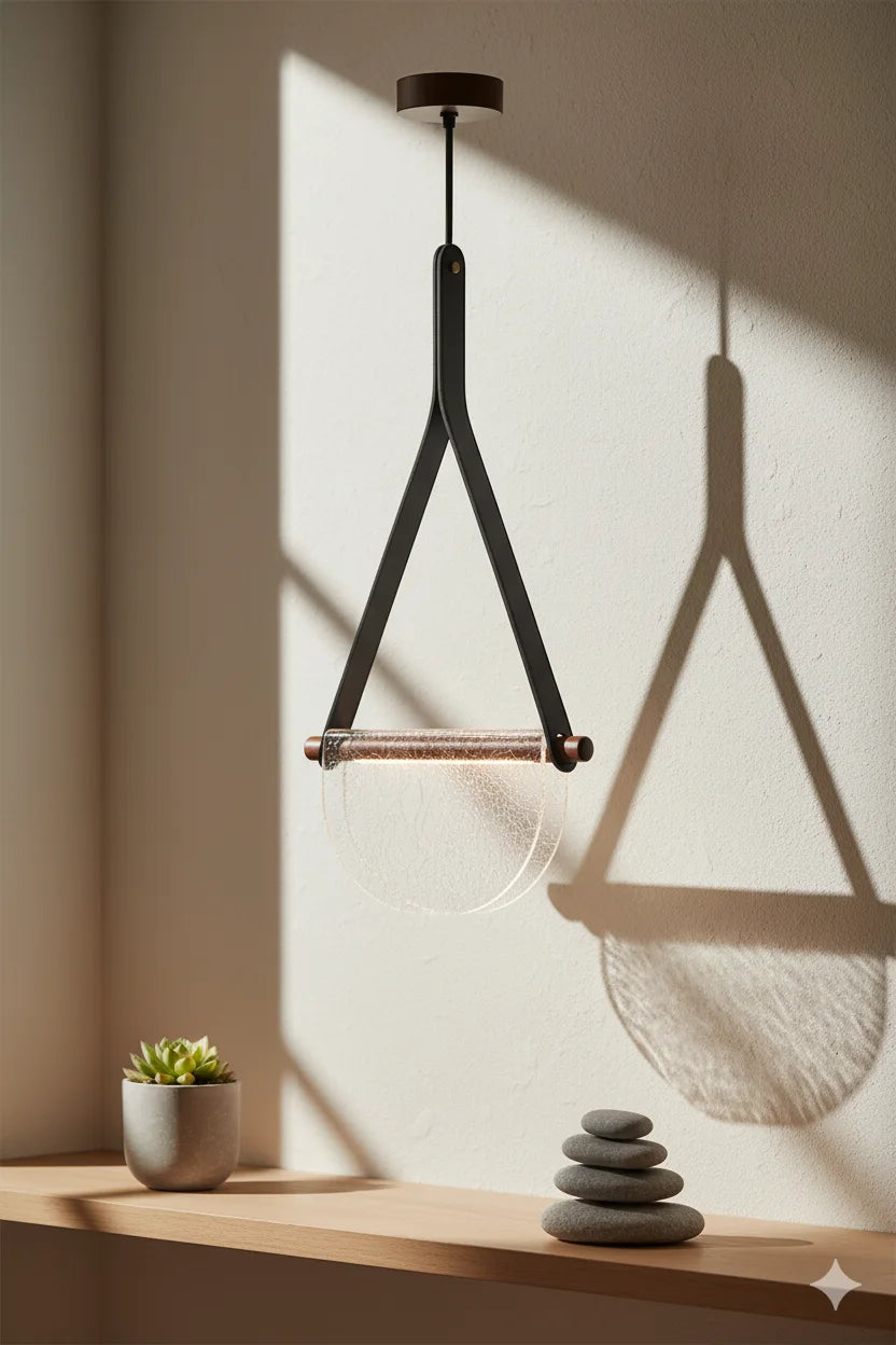 B&B Modern Leather Strap Pendant Light | Golden Half-Moon Glass Hanging Lamp