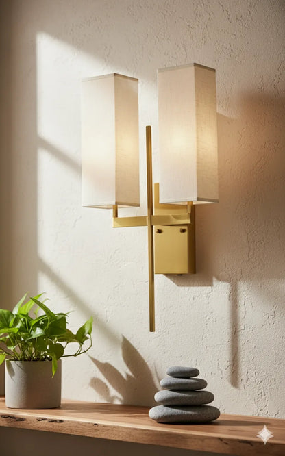 B&B Modern Double Shade Wall Sconce | Gold Metal Wall Lamp with Fabric Shades