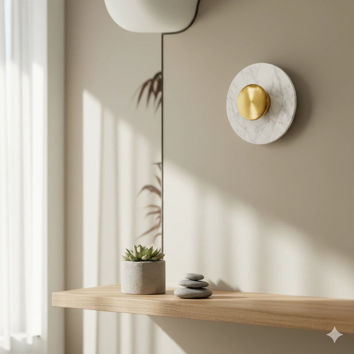 B&B Aura Round Brass Marble Wall Sconce | Luxury Modern Wall Light - Bliss and Birch