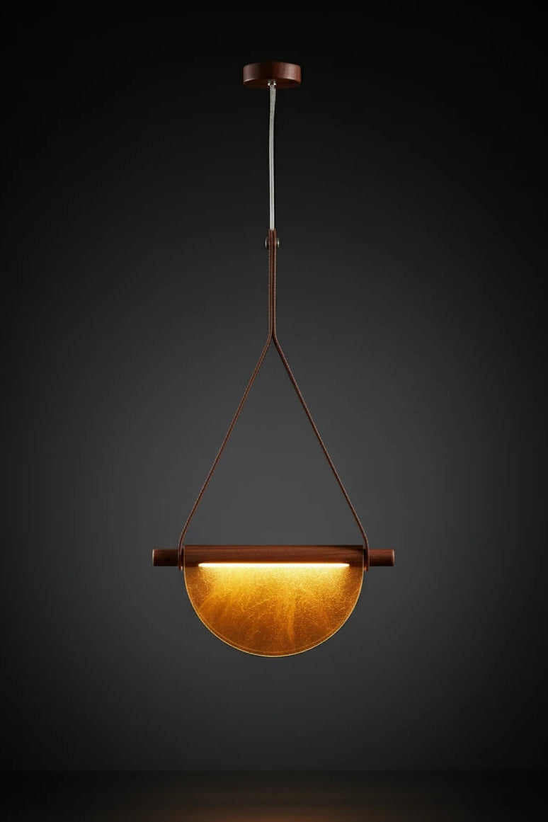B&B Modern Leather Strap Pendant Light | Golden Half-Moon Glass Hanging Lamp