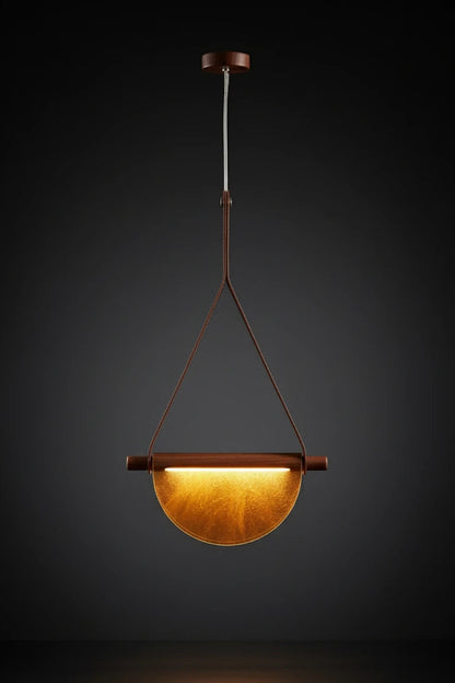 B&B Modern Leather Strap Pendant Light | Golden Half-Moon Glass Hanging Lamp