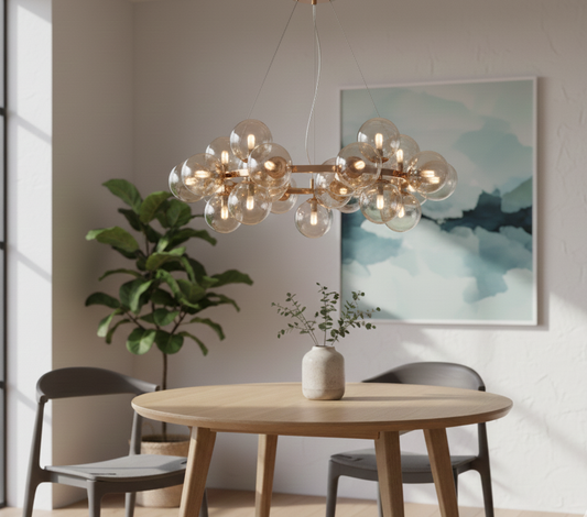 Lumière Globe Cluster Chandelier – Golden Ring & Amber Globes