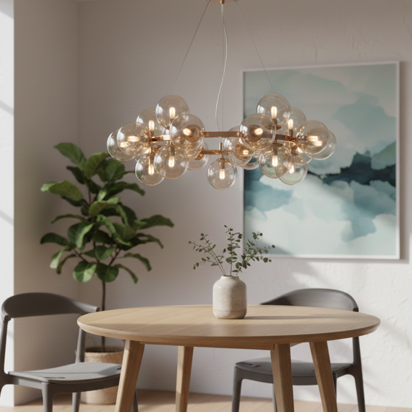 Lumière Globe Cluster Chandelier – Golden Ring & Amber Globes